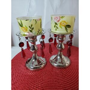 Silver Candle Stick Holder  Red Bobbles and Bobeches Hollywood Regency Style